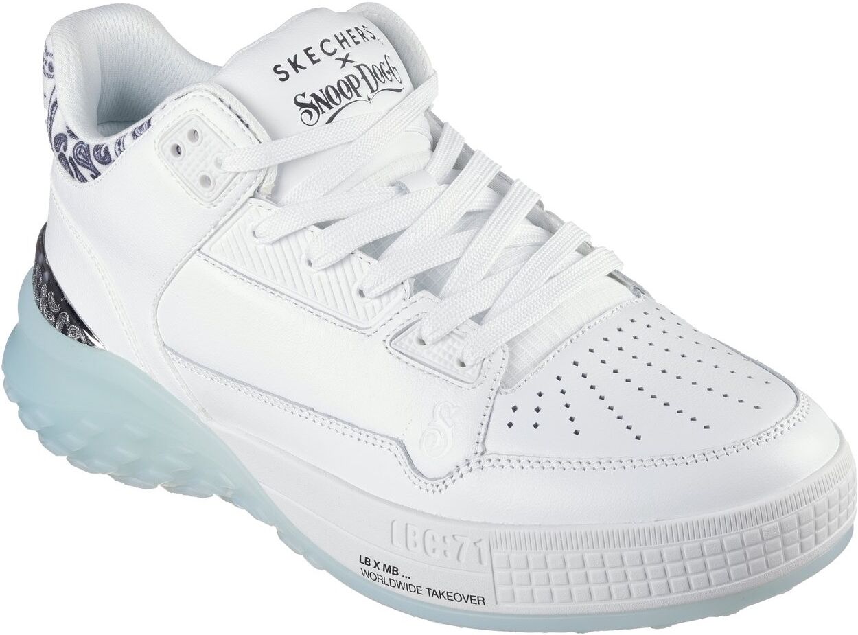 Sneaker SKECHERS "SIZZLE-SNOOP SIZZLE BUCKETS", Herren, Gr. 48,5, Textil, weiß, Leder, Schuhe Sneaker, Schnürschuh, Freizeitschuh, MidCut mit Air-Cooled Memory Foam