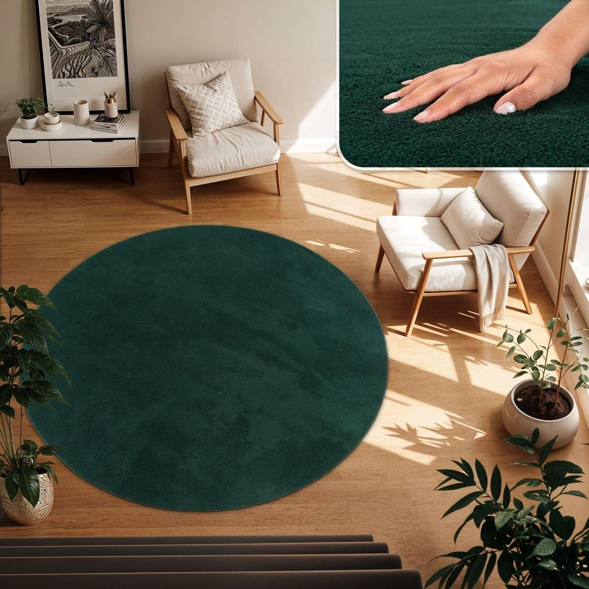 Rond Tapijt Donkergroen Petrol - Machinaal Geweven Polyester Vloerkleed - Diameter: 120 cm