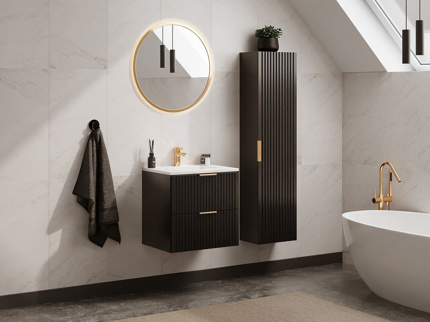 Unique Armario de baño suspendido estriado - Negro - Alt. 140 cm - ZEVARA