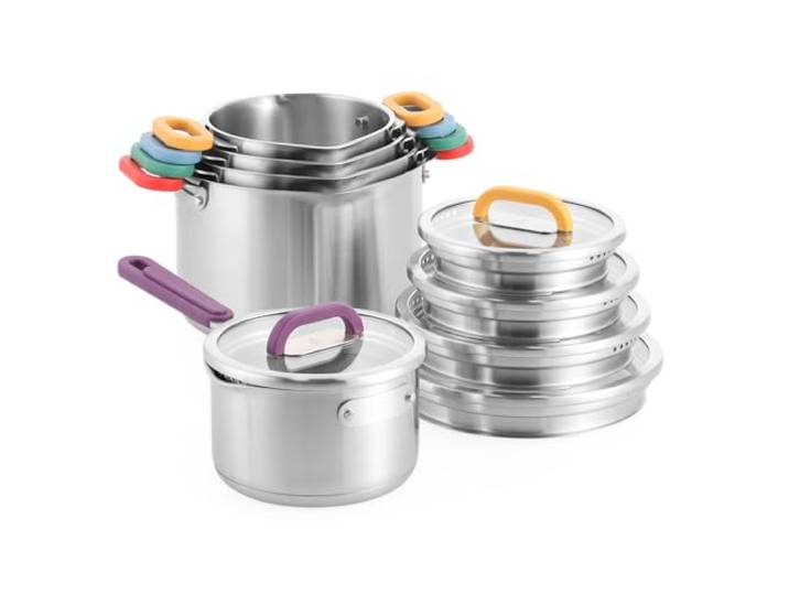 BK Arts & Crafts 5pcs set Vier Töpfe mit Deckeln und ein Stieltopf, stapelbarer Edelstahl, verriegelbare Deckel, induktionsgeeignet, spülmaschinenfest.