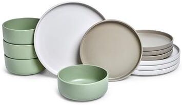 Sango Rollo Alta 12-Piece Stoneware Dinnerware Set, Sage/Sand/White- Microwave & Dishwasher Safe