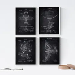 POSTER Set mit 4 Schwarz Flugzeuge Patent A4 Schwarzer Rahmen