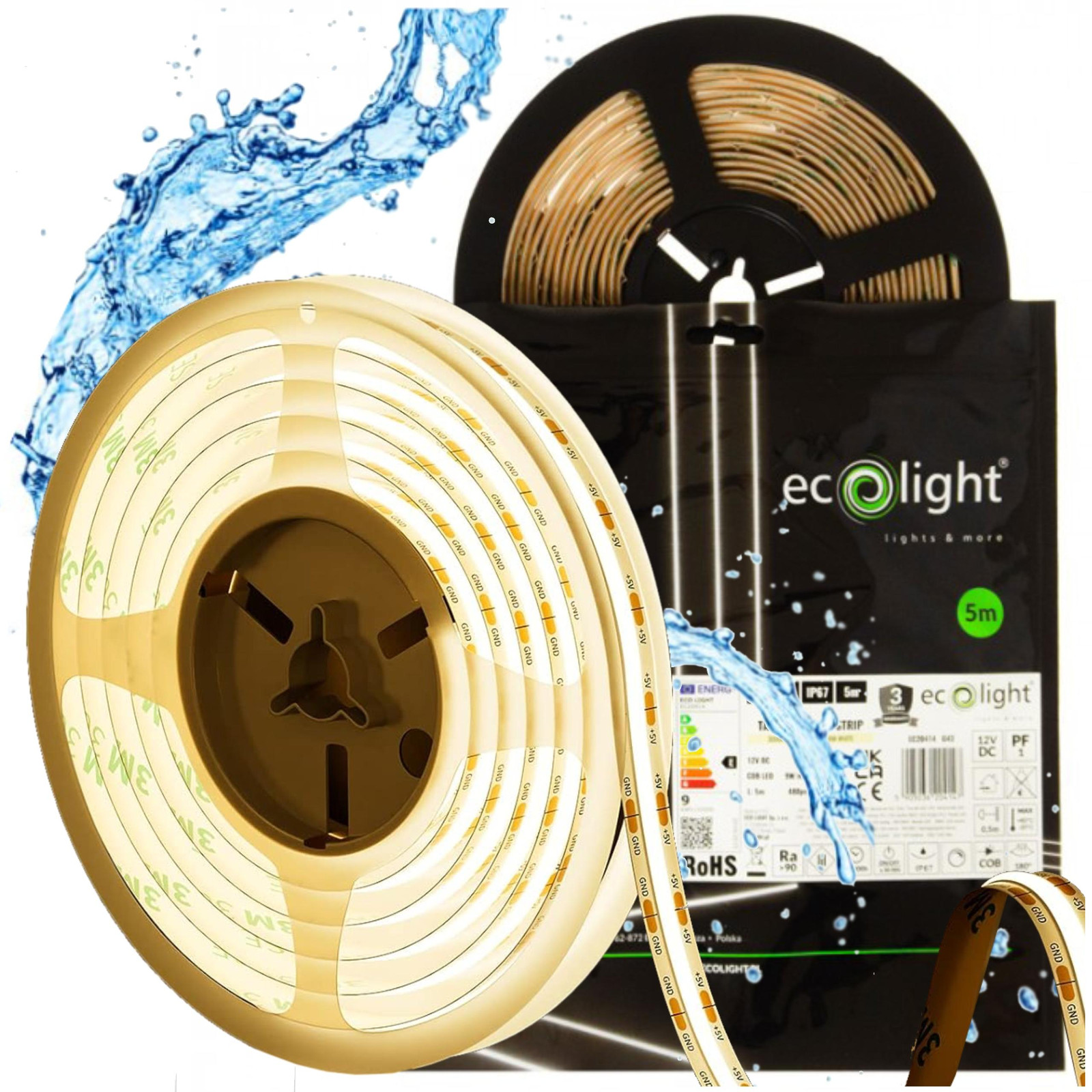 Eco Light LED-strip COB, 5 meter, 45W, 3000K, warm wit, IP67