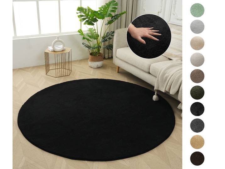 Teppich GOODPRODUCT Cali , schwarz, H:16mm Ø:180cm, Kunstfaser, Microfaser, Teppiche, Teppich, Uni-Farben, kuschelig, & weich, waschbar, Wohnzimmer, Schlafzimmer