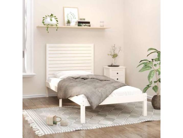 APXESS Kiefernholz Bettgestell 90x200 cm Weiß Massivholz Einzelbett Rahmen Rustikale Optik, Stabiler Lattenrost, Inklusive Kopfteil