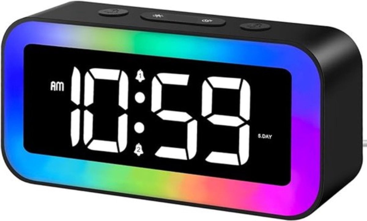 Digitale RGB-lichtwekker met dubbele weker en snooze-functie, zwart, multicolor