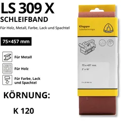 Klingspor Schleifband LS 309 XH - 75 x 457 mm für Holz, Metall und Lack - K 120