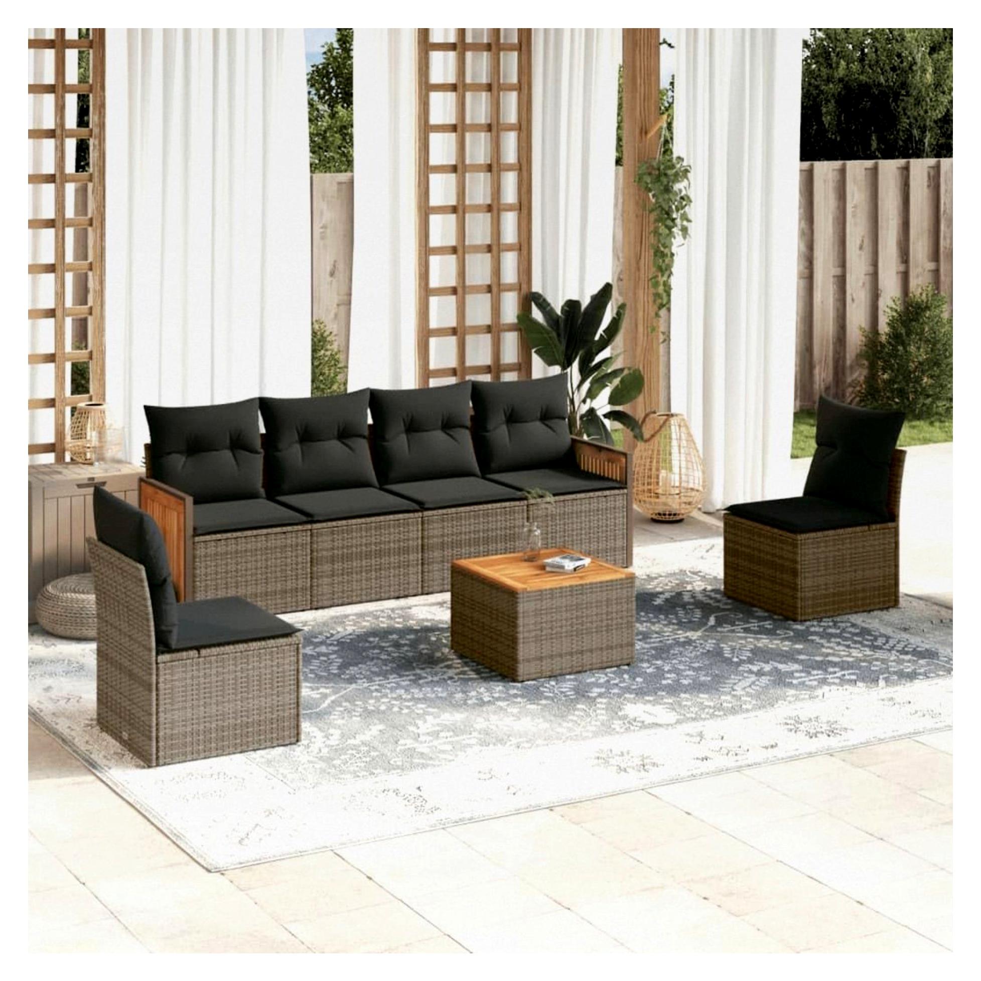 7-teiliges Garten-Sofagarnitur mit Kissen in Grau aus Poly Rattan, Lounge Gartenmöbel Set, Balkonmöbel, Gartenlounge, Gartensofa