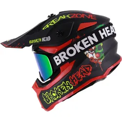 Broken Head Crosshelm FreakZone Schwarz-Rot-Grün+ MX-Brille Struggler Grün S (55-56 cm)