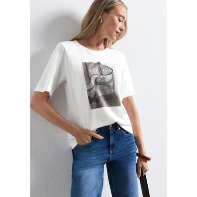 Kurzarmshirt STREET ONE, Damen, Gr. 36, weiß (sanftes weiß), Jersey, Obermaterial: 50% Baumwolle, 50% Modal, bedruckt, normal hüftbedeckend, Rundhals, abgesteppte Kante, Shirts, mit modischem Fotoprint