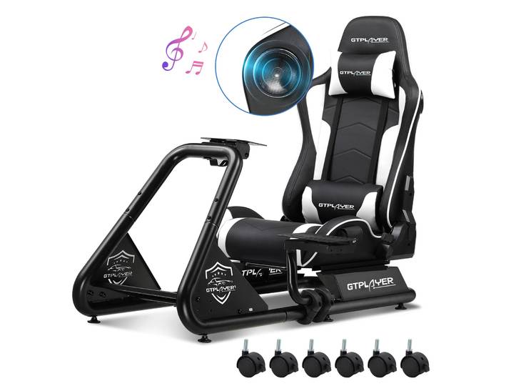 GTPLAYER Simulator Cockpit, Sim Racing Cockpit, support de volant de simulateur de course avec haut-parleurs, volant et étagère à pédales