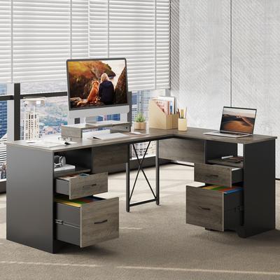 Bestier 63'' L Shaped Home Office Desk with File&Storage Drawers and Cabinet, Computer Desk with Monitor Stand