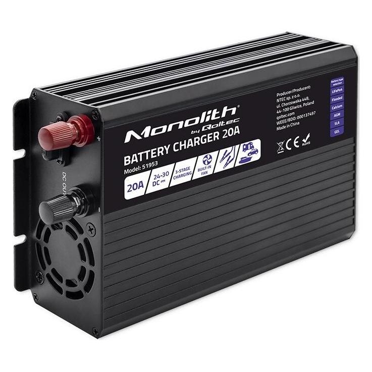 Qoltec Smart Monolith Batterieladegerät für LiFePO4 AGM GEL SLA-Batterien | 20A | 24V (20 A, 24V) (5901878519531)