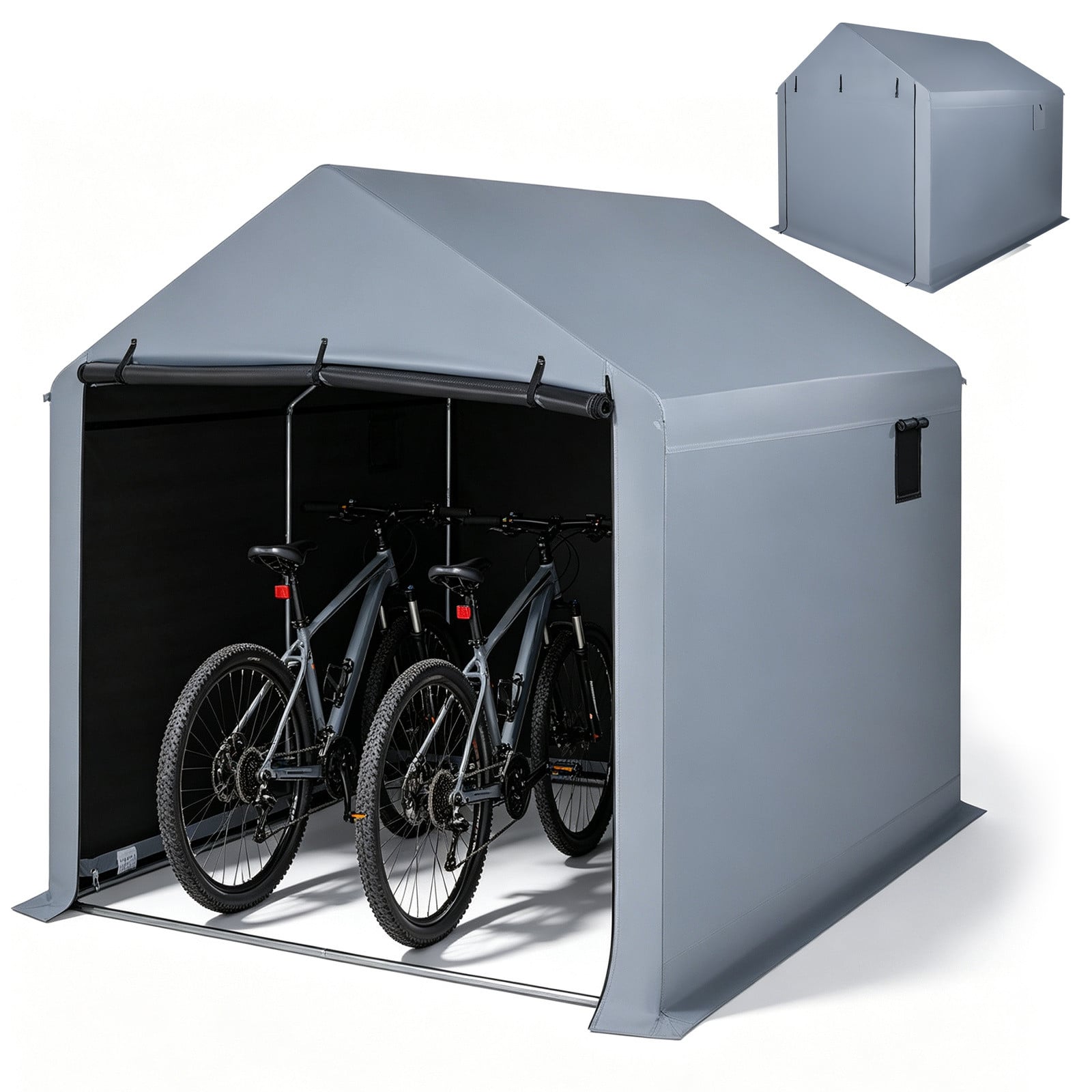 Costway Waterdichte Fietsenstalling Tuinschuur met Oprolbare Ritssluitingdeur en 2 Ramen, Metalen Frame, Zilver