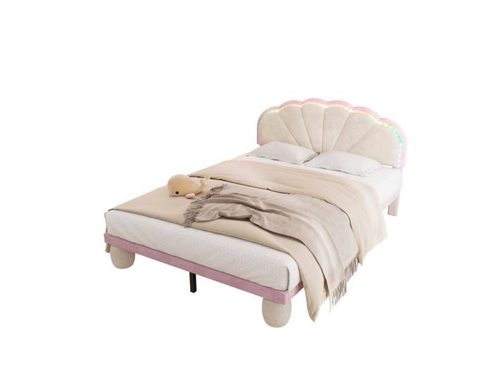 Okmyhome Polsterbett 140/200 cm Beige aus Samt mit Lichtstreifen, Rechteckig, 140x200 cm, Schlafzimmer, Betten, Polsterbetten