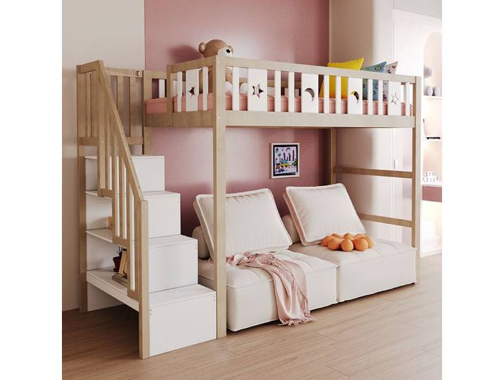 Lit mezzanine enfant 90x200 cm bois massif barrières sécurité échelle décoration étoiles lune