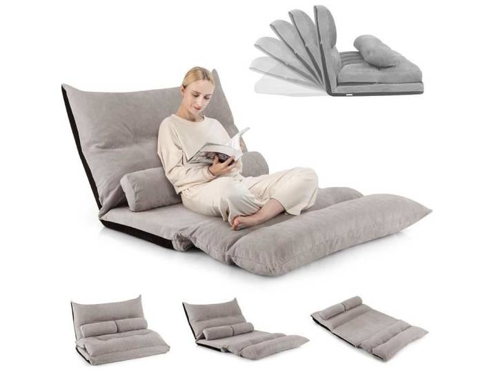 RELAX4LIFE Chauffeuse 2 Personnes Pliable en Velours Glacé Dossier Réglable 90°-180° Fauteuil avec 2 Oreillers Charge 150KG Gris