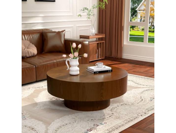 YYZIWYUN Runder Couchtisch in Trommelform Aus Holz Mit Rillenstruktur Moderner, Runder Couchtisch Aus Holz – Einzigartiger Beistelltisch Mit Rillenstruktur, Ideal Für Kleine Wohnzimmer
