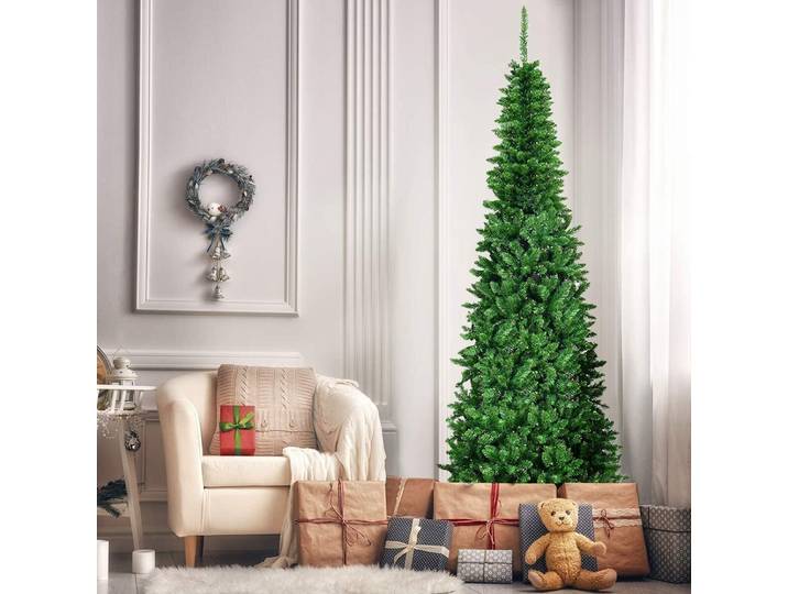 COSTWAY 225cm Bleistift Weihnachtsbaum mit warmweißen LED-Leuchten, künstlicher Tannenbaum mit Klappsystem und Metallständer, Christbaum PVC Nadeln, Kunstbaum Weihnachten Grün