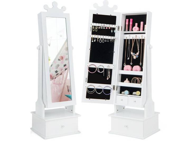 Miroir plein pied 2 positions armoire à bijoux enfant avec tiroirs rangement accessoires beauté pour filles