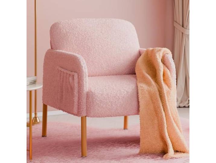 Mondeer Sessel, Einzel Loungesofa mit Seitentasche mit Metallbeinen Gemütlicher Kunstlammfell Stoff Modern, für Wohnzimmer Schlafzimmer Arbeitszimmer, 63 x 75 x 75 cm, Rosa