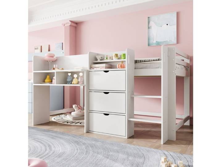 WUVRIE Lit mi-hauteur enfant 90 x 200 cm avec bureau rangements 3 tiroirs blanc