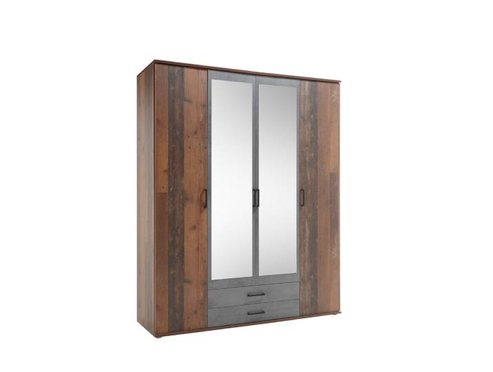 Pol Power Chicago Kleiderschrank, 4 Türen, 9 Ablagefächer, Kleiderstange, Spiegel, Schwarz, Modern
