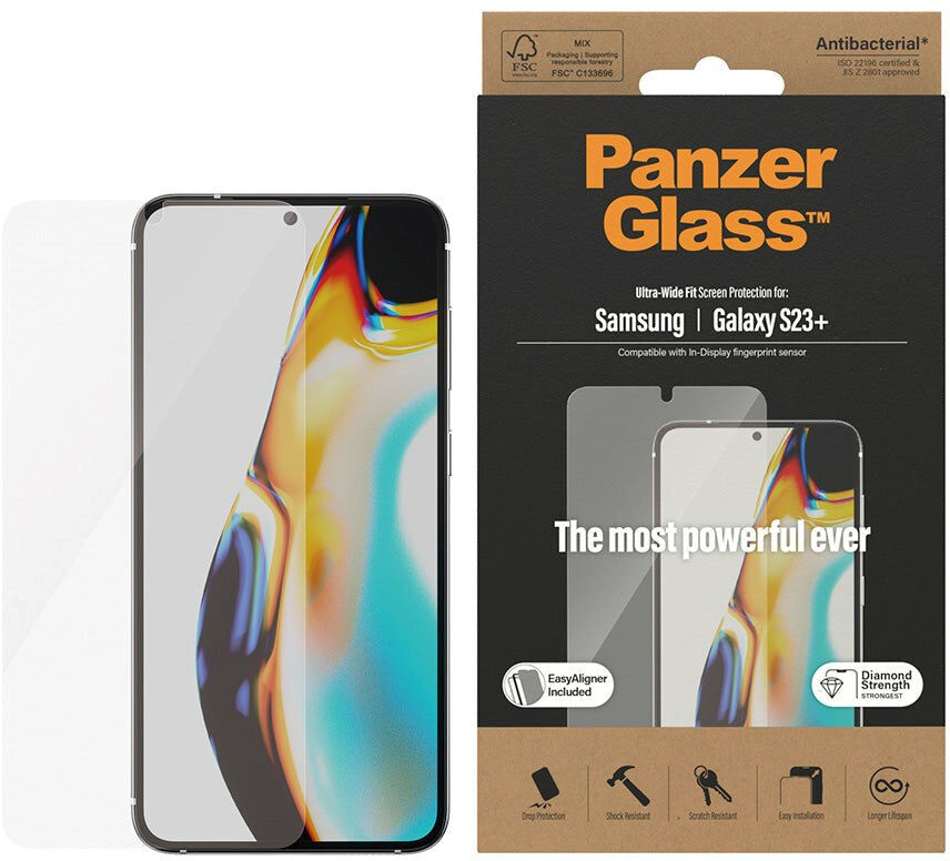 Samsung Galaxy S23+ (Plus) PanzerGlass AntiBacterial Ultra-Wide Fit Skærmbeskyttelsesglas - EasyAligner - Diamond Strength - Gennemsigtig