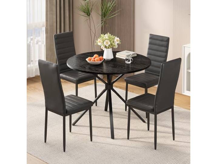 Xbro Esstisch Set mit 4 Stühlen, Runder Esstisch mit 4 Esszimmerstühlen MDF-Esstisch Ø100 cm und 4 gepolsterten Esszimmerstühlen, für Küche, Esszimmer und Wohnzimmer