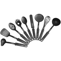 Stoneline 9-teiliges Küchenhelfer Set, Kunststoff, Original Design, mit praktischer Stütze, geeignet für antihaftbeschichtetes Kochgeschirr, Küchenutensilien Set, schwarz