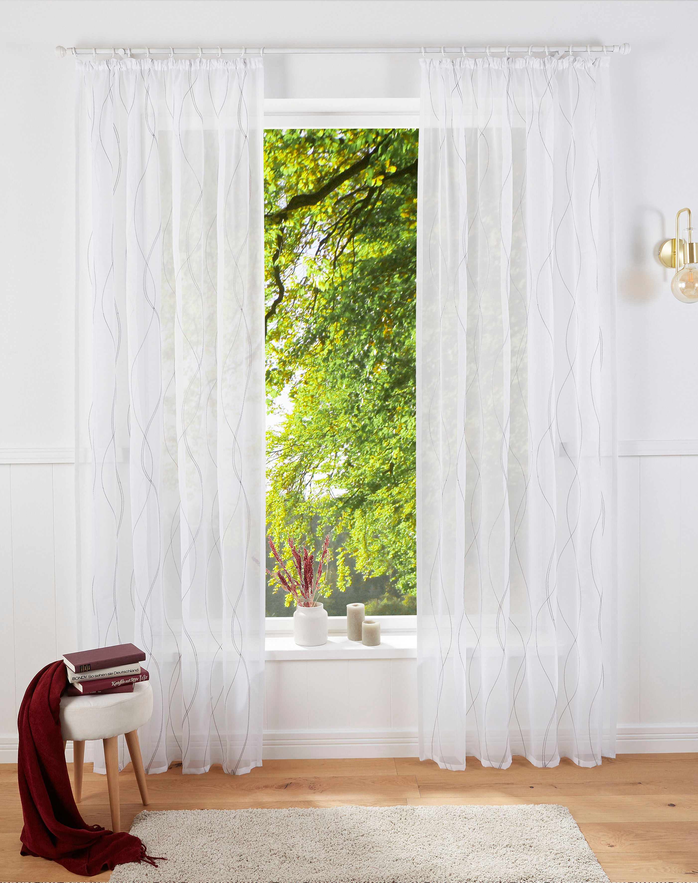 Gardine OTTO HOME "Mila, 1 Stück, Kräuselband, transparent, Wellenmuster bestickt" Gr. 1, grau (weiß, grau), B:140cm H:145cm, Voile, Polyester, Gardinen, Gardine, mit Wellenmuster bestickt, Voile, einfarbig