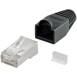 CAT 5e RJ45 Stecker für Rundkabel, STP, Crimpmontage, Knickschutz - Farbe: schwarz