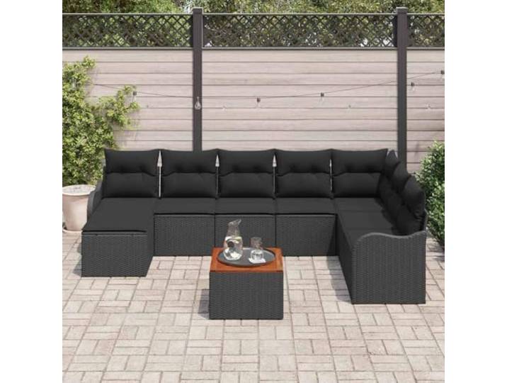 KTHLBRH Gartenmöbel-Set aus Polyrattan, 9-teilig, Schwarz Eckregal mit Tisch, Akazienholz, modular, für Terrasse