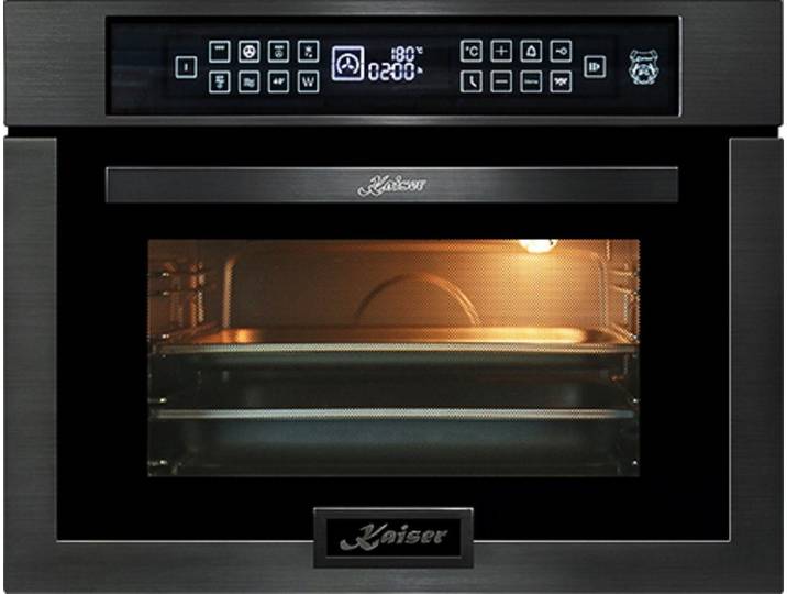 Kaiser Küchengeräte Einbau-Mikrowelle EM 6307 RS, Multifunktions-Elektro-Backofen mit Mikrowelle, Ober-/Unterhitze, Heißluftsystem und Heißluftfritteuse, 38 l, GRAND CHEF Design Schwarzes Stahl mit Anti touch Effekt, Touch control