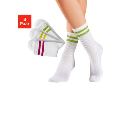 Tennissocken LASCANA, Damen, Gr. 35-38, Sockengröße, weiß (3x weiß), Baumwollmischung, unifarben, elastisch, Socken Tennissocken, mit farbigen Ringeln am Bündchen