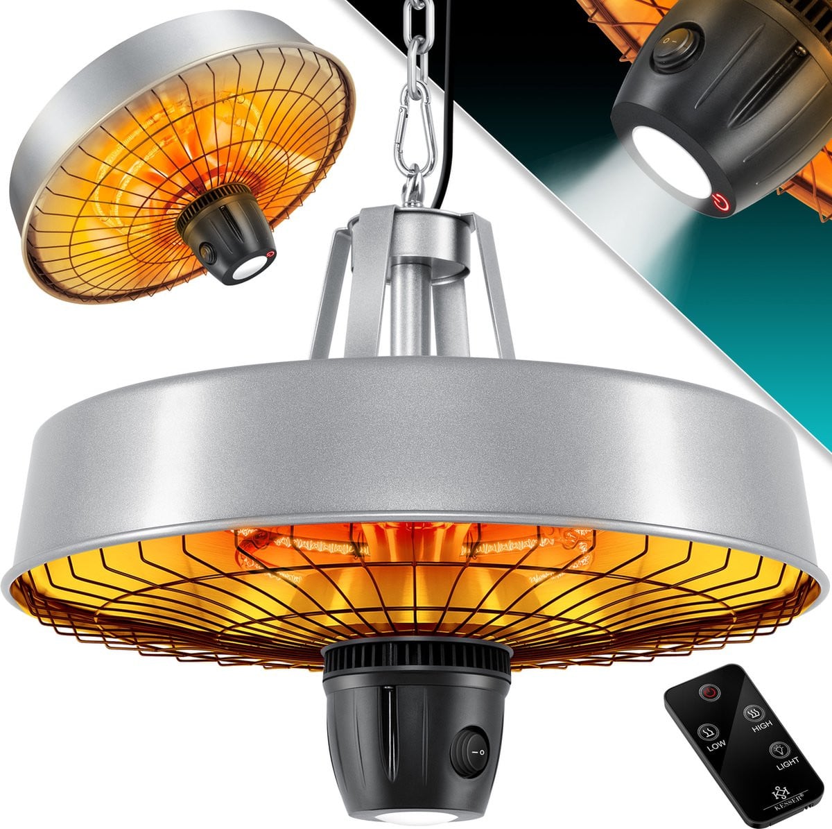 KESSER Terrasverwarmer Elektrische Infrarood Plafondstraler met LED-licht en Afstandsbediening, 2500W, Zilver