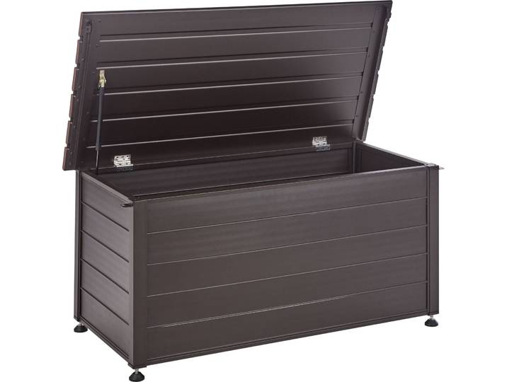 BELIANI Gartentruhe 330L Dunkelbraun Aluminium Wasserfest mit Schloss Abschließbar Holzoptik Kissenbox Auflagenbox Aufbewahrungsbox Gartenbox Terrasse