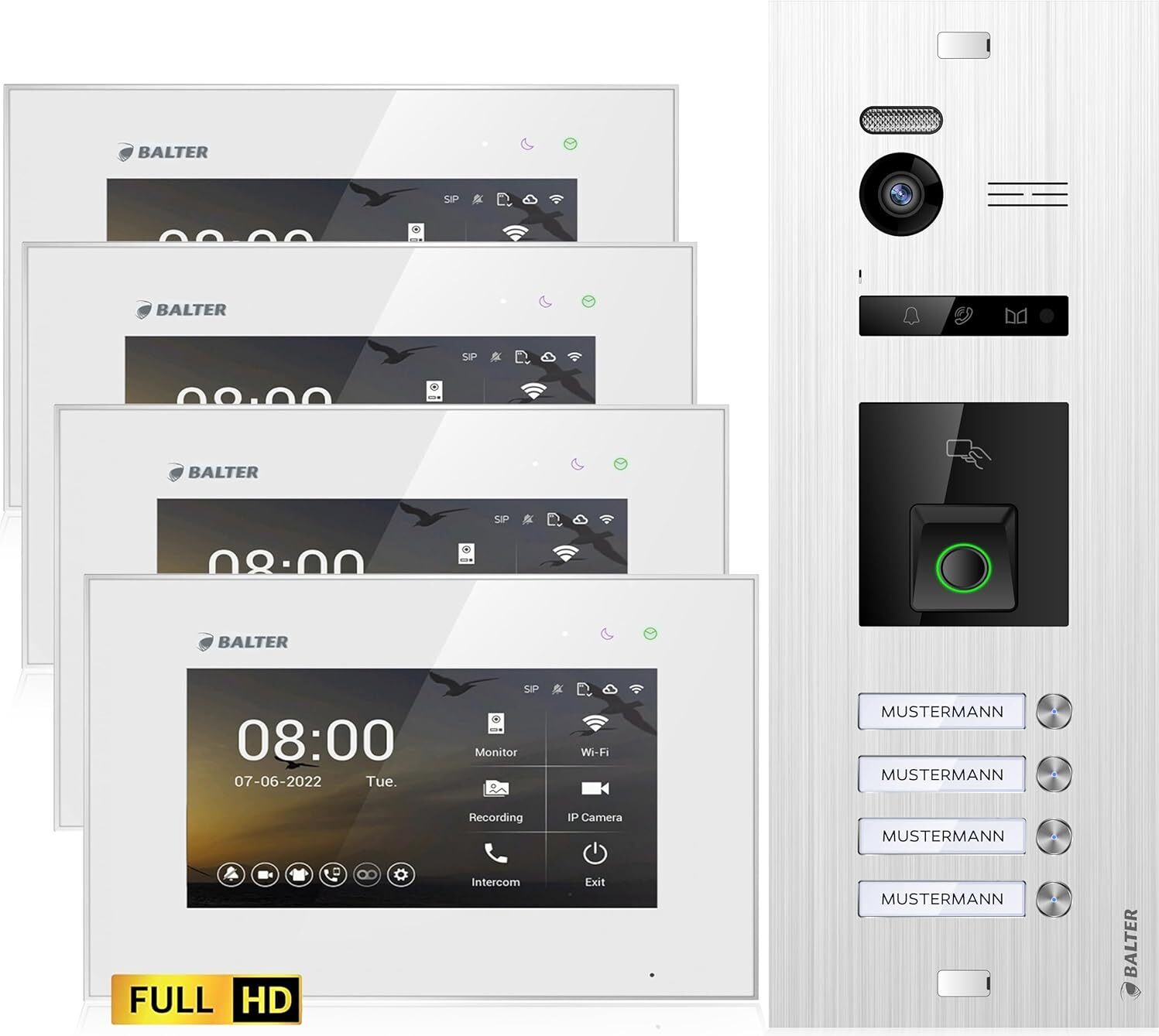 HD Video Türsprechanlage mit Fingerprint und RFID für 4 Familienhaus, 4x Monitore, Balter EVO HD Fingerprint