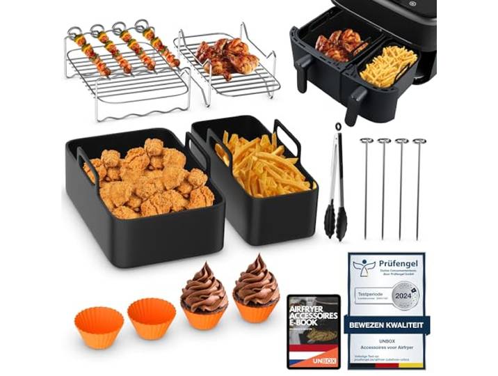 UNBOX Airfryer Accessoires voor Philips Dual Basket Airfryer 3000-serie 6L/3L - Heteluchtfriteuse Accessoires set voor Tefal Dual Easy Fry 5,2/3,1L - Met Airfryer Siliconen vorm, Grillrooster
