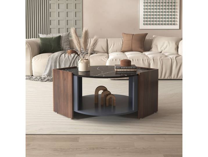 Table basse, table basse texturée en marbre et noyer aux couleurs contrastées. Table de salon au design unique