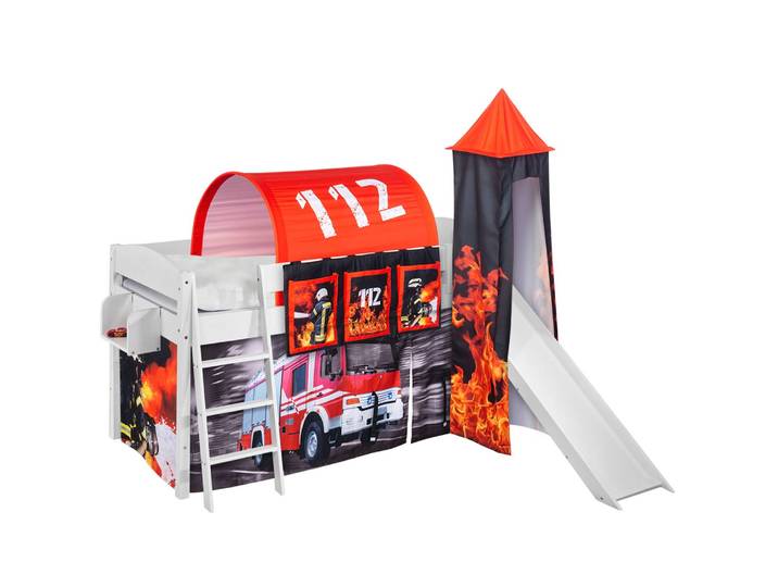 Hochbett Feuerwehr 90 x 200cm Weiß mit Rutsche & Turm/mit Leiter