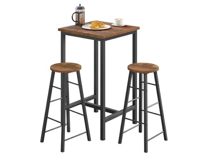 WOLTU Bartisch mit Barhocker Set, Stehtisch mit 2 Hockern, Essgruppe aus Metallgestell, Küchentisch mit Küchenstühlen, Küchentisch klein, Runde Barhocker, Rustikales Braun + Schwarz