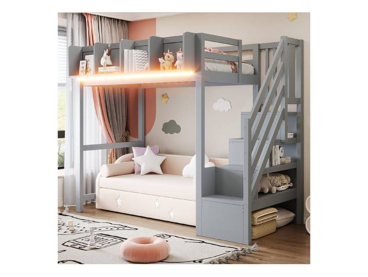 STILVORA Hochbett 90×200 mit Stauraum Bettgestell Jugendbett mit LED,ohne Matratze (mit Arbeitszone, Aufbewahrung und Leiter, Stabile Konstruktion, platzsparende Lösung, flexible Nutzung)