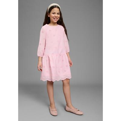 Spitzenkleid KIDSWORLD "Kleid mit Lochstickerei für Mädchen", Mädchen, Gr. 182, N-Gr, 3/4 Arm, Popeline, rosa, Popeline, Obermaterial: 100% Baumwolle, bestickt, ausgestellt, Rundhals, mit innenliegendem Gummizug, Kleider, aus Popeline und...