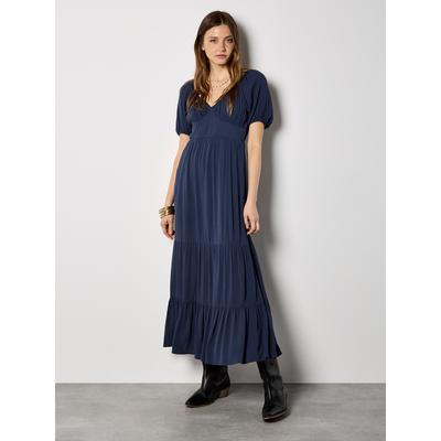 Maxikleid APRICOT "Maxikleid mit Stufenrock", Damen, Gr. XL (42), N-Gr, blau (navy), gewebt, Obermaterial: 89% Viskose CV. 11% Lyocell CLY., Puffärmel Elastisch, Kleider Maxikleid, in Knitteroptik
