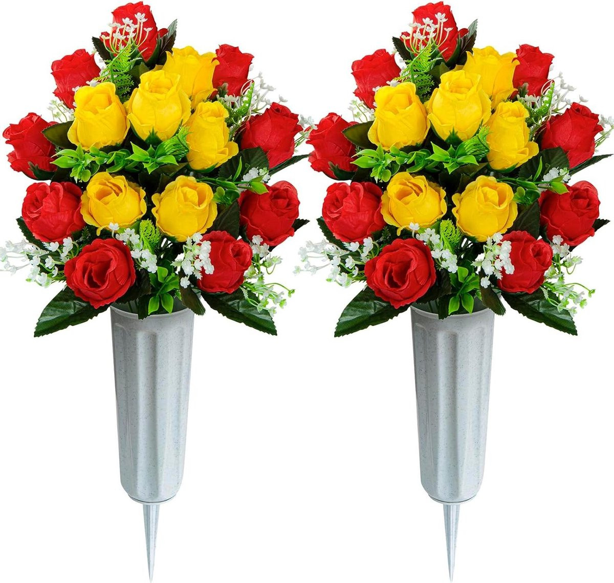 Kunstgrafbloemen Rood en Geel - Kunstboeket voor Begraafplaats - 48 cm