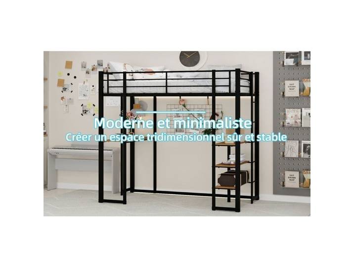 Lit mezzanine fer 90x190 cm avec bureau noir
