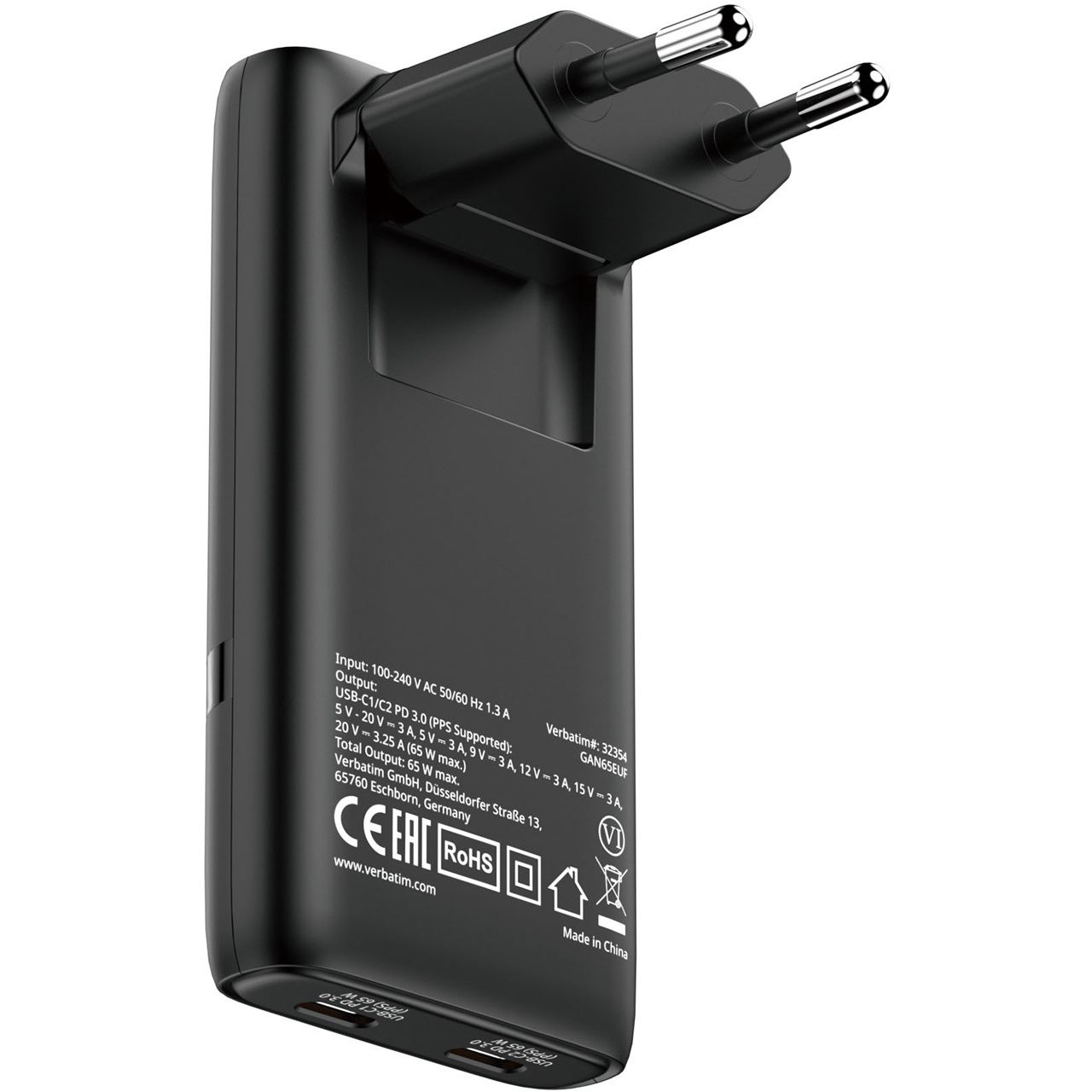 Verbatim Fold Go Charger 2 Port 65W USB-C black