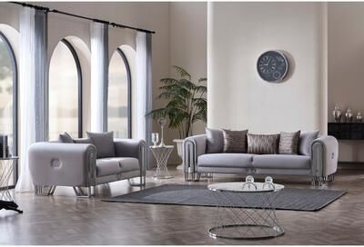 Furnia Kamelya 2-Pieces One Sofa One Loveseat Living Room Set, Metal Leg, Pillow Back