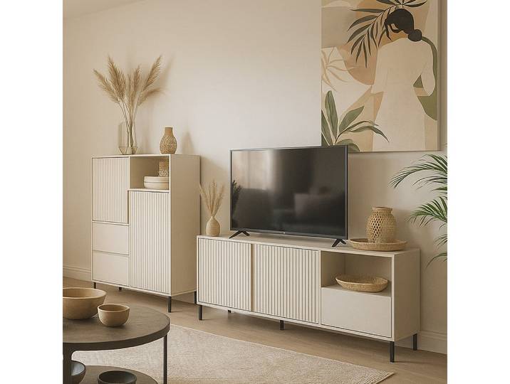 Lomadox Wohnwand AMELIA-129, (2-St., Highboard Lowboard), Highboard Lowboard Kaschmir Rillen